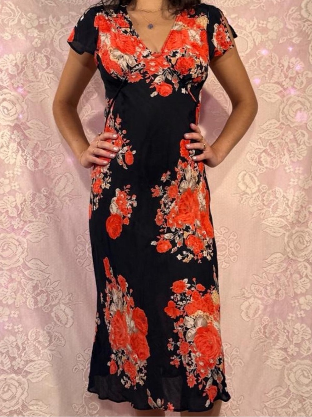Vintage Black & red/orange floral midi dress with tie back